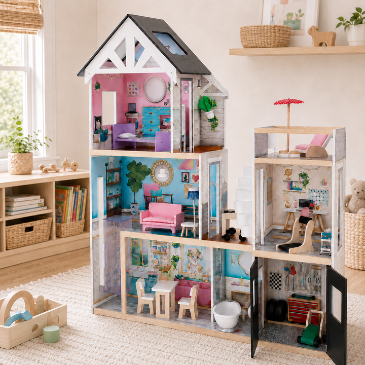Teamson Kids Dreamland Mansion Wooden Doll House with 3 Floors, Terrace, Elevator, Spiral Stairs, Battery-Powered Lights, Sounds and 18 Accessories