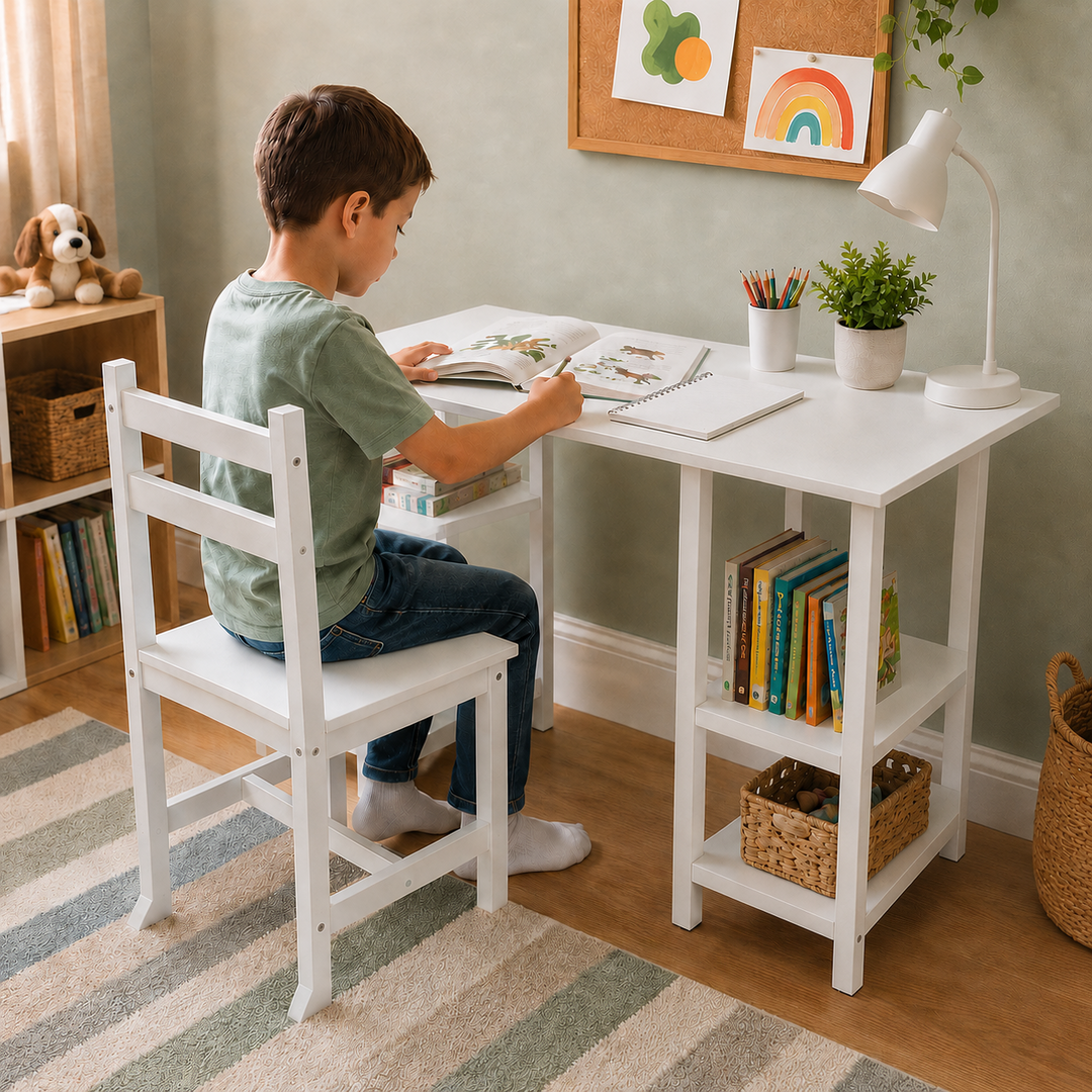 Teamson Kids Wooden Desk & Chair Set with 4 Open Storage Shelves, Spacious Tabletop, Anti-Tip Chair for Reading, Writing, Homework, Drawing & Crafts, Ages 3+, White
