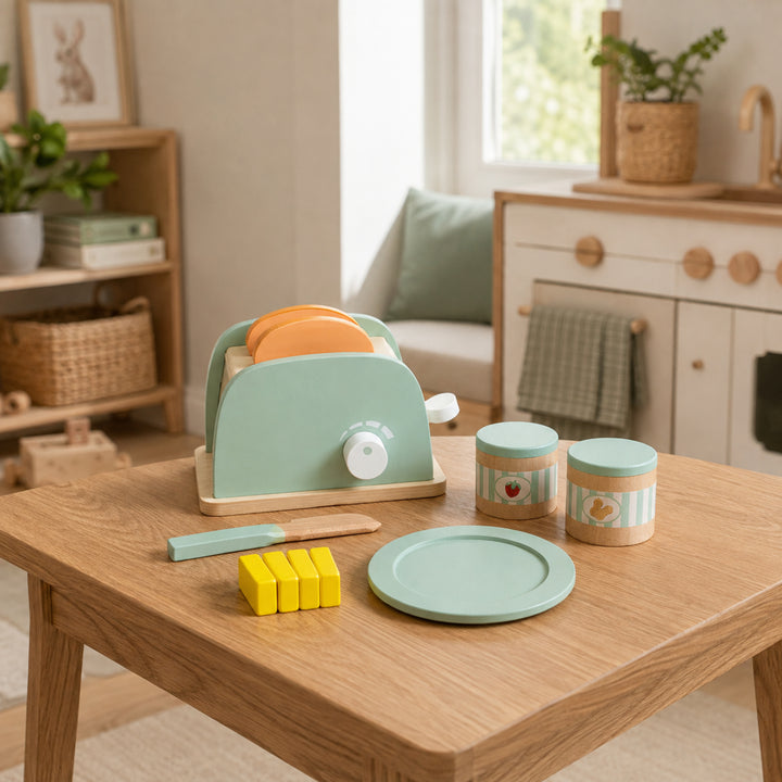 Teamson Kids 10-Piece Wooden Toy Toaster and Pretend Play Food Set, Green Kitchen Set with Pretend Bread, Knife and Plate for Interactive Play, Lever Makes Toast Slices Pop Little Chef Frankfurt