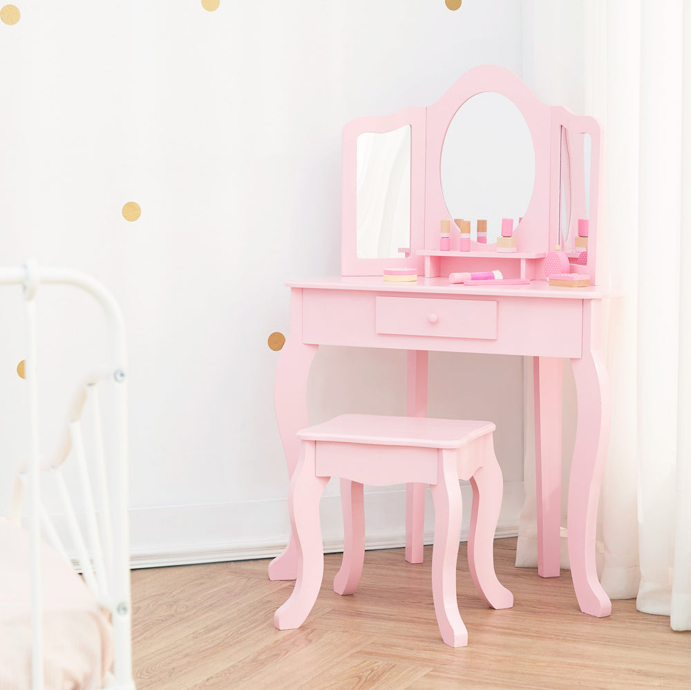childrens pink dressing table Costway 2-Piece Wood Top Pink Kid Vanity Table Chair Set with Mirror Large Storage Drawers HCST02740