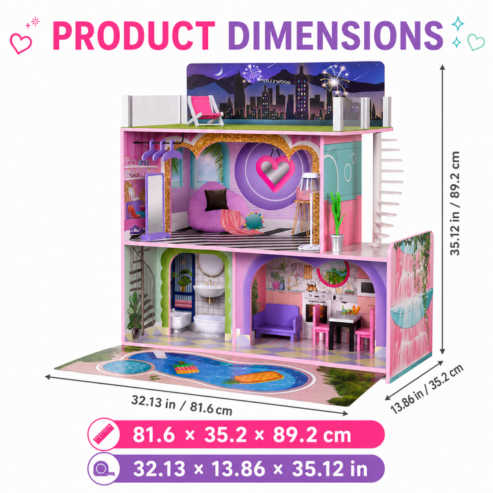 Teamson Kids Dreamland Sunset Wooden Doll House with 3 Levels, Kitchen, Living Area, Bedroom, Bathroom, Outdoor Play Pieces, Lights and 16 Accessories