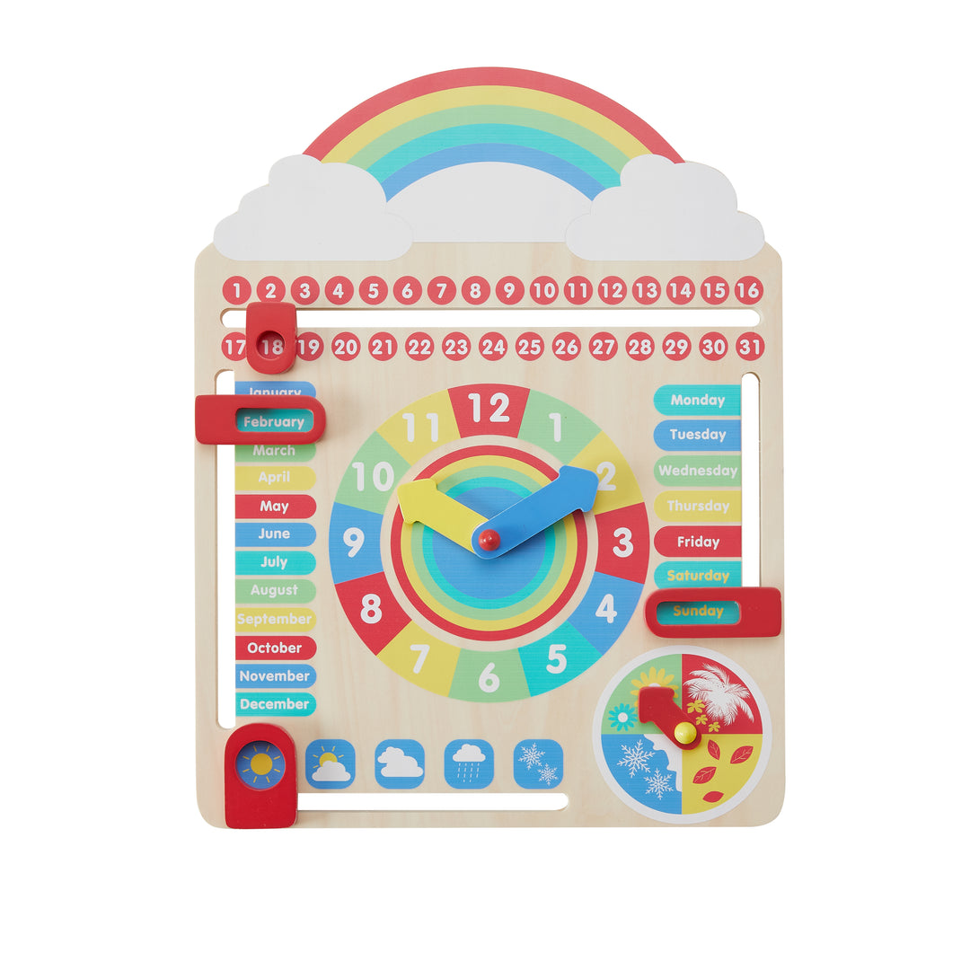 A picture of an toddler's wooden daily calendar board with sliders for the day, date and month, a dial for the time and two weather widgets in bright colors