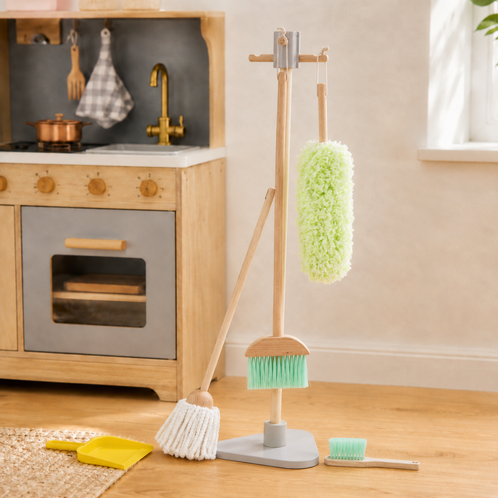 Teamson Kids 6-Piece Wooden Cleaning Set with Storage Stand, Little Helper Pretend Play Cleaning Set, Mop, Broom, Duster, Dust Pan and Brush with Hanging Rope Loops for Easy Storage