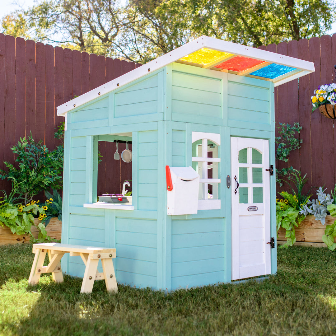 Teamson Kids Rainbow Shade Wooden Playhouse with Kitchen and Bench, Mint