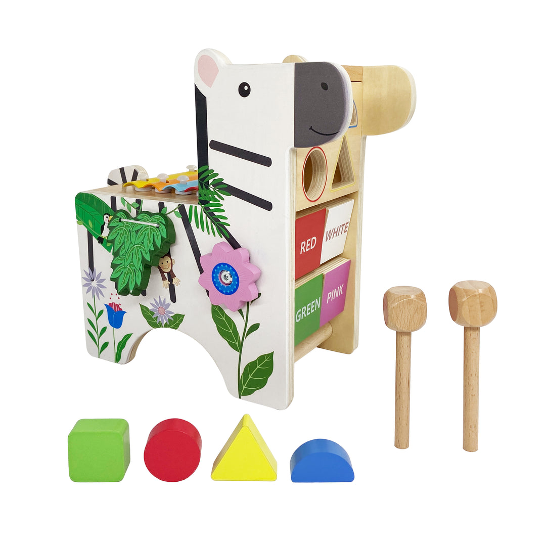 Zebra Wooden Activity Play Center with four colorful shaped blocks and a pair of mallets for the xylophone