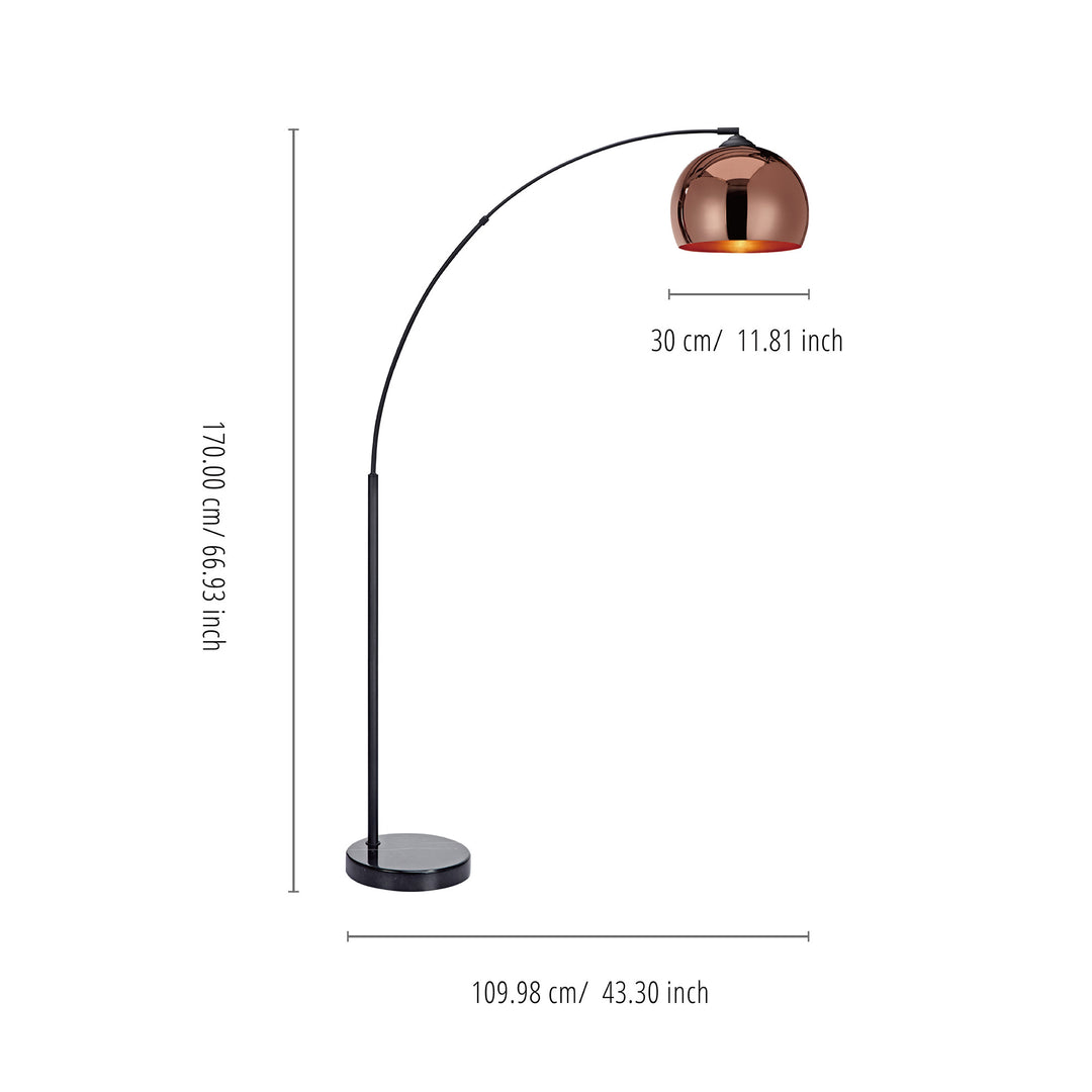 Dimensional graphic of an arc lamp with rose gold shade in inches and centimeters