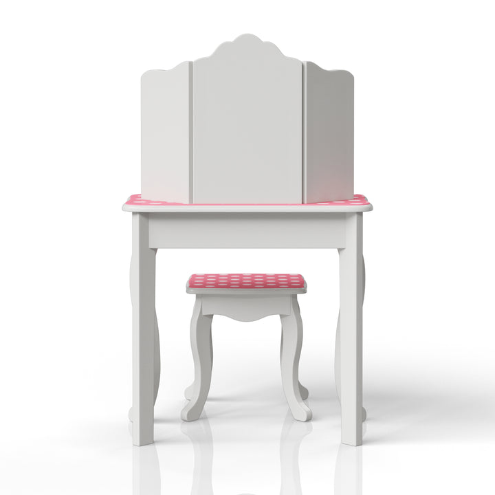the back view of the kids' vanity table and matching stool with trifold mirror, white with pink and white polka dot accents