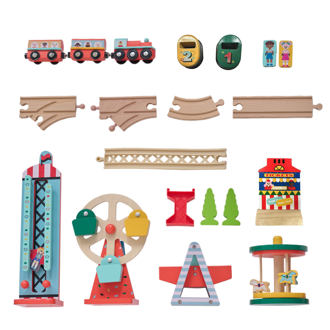 Colorful wooden amusement park train set with tracks, train cars, carnival rides, trees, and ticket booth play accessories.