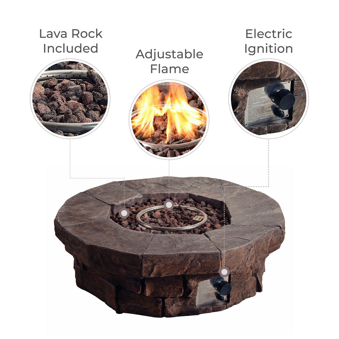 Infographic with callouts for lava rock included, adjustable flame, and electic ignition