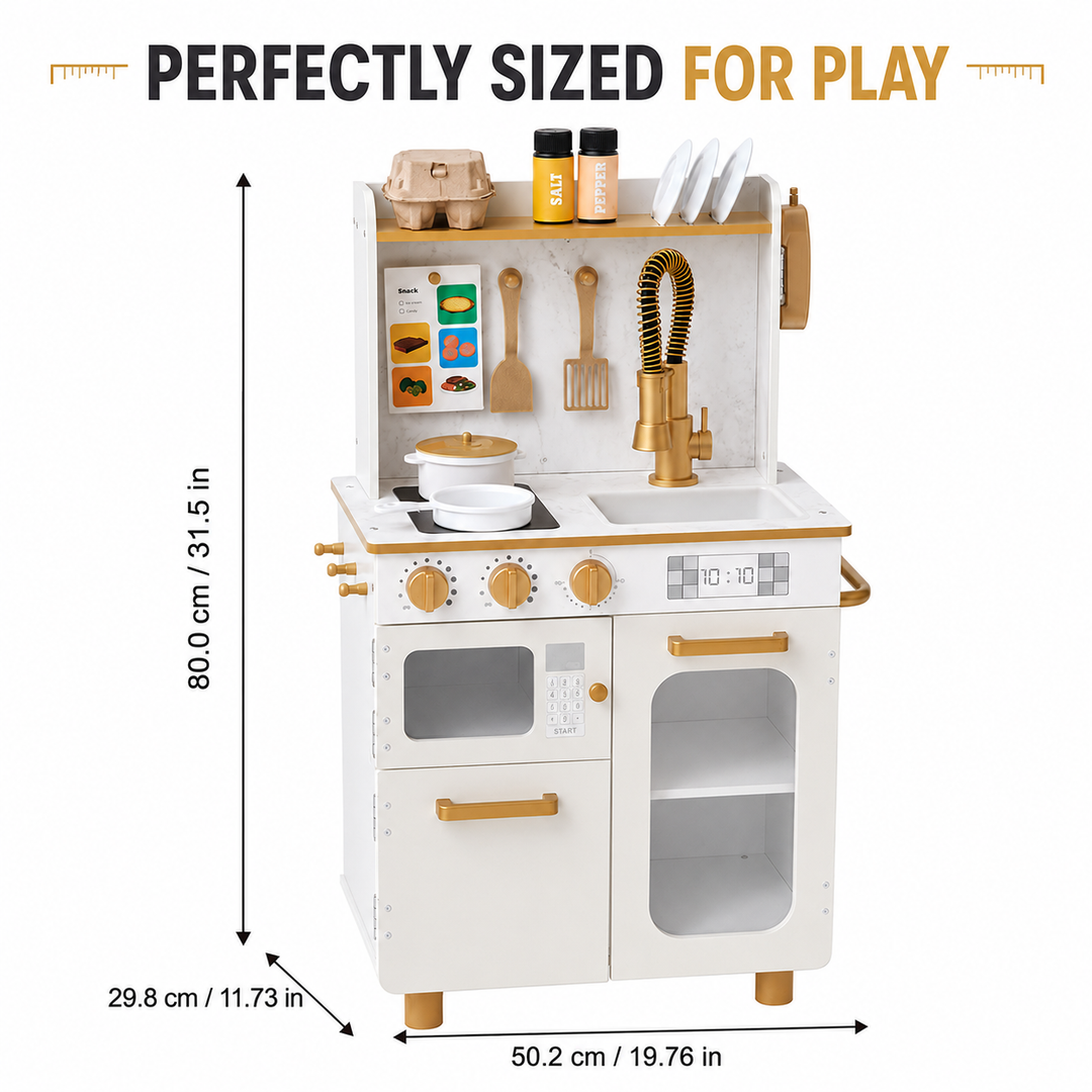 Teamson Kids Wooden Play Kitchen Set with 16 Accessories, Extendable Faucet, White and Gold Compact Wooden Play Kitchen, Oven, Sink, Clicking Knobs, Shelves and Storage Little Chef Memphis