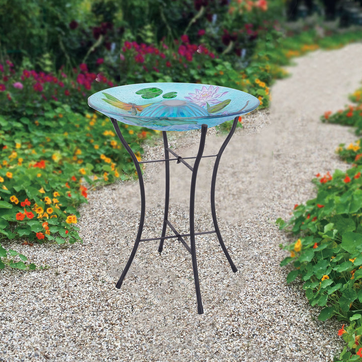 birdbath in the center of the walkway of a garden