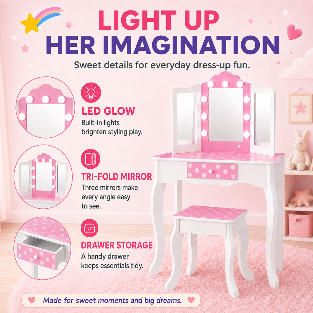 Teamson Kids Engineered Wood Vanity Set with LED Lighted Tri-Fold Acrylic Mirror, Storage Drawer, Matching Stool, Rounded Corners, White/Pink, Fantasy Fields Gisele Polka Dot Pretend Play Vanity Desk