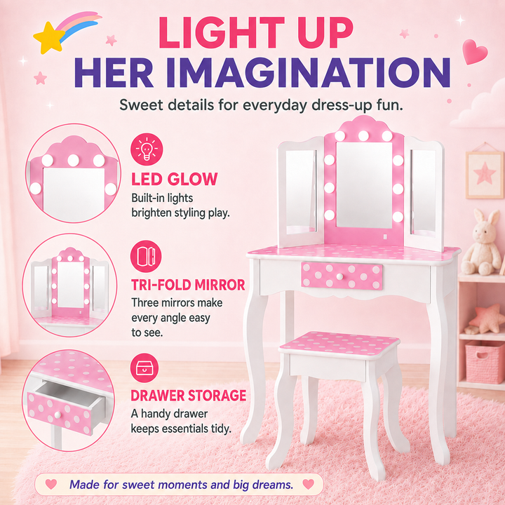 Teamson Kids Engineered Wood Vanity Set with LED Lighted Tri-Fold Acrylic Mirror, Storage Drawer, Matching Stool, Rounded Corners, White/Pink, Fantasy Fields Gisele Polka Dot Pretend Play Vanity Desk