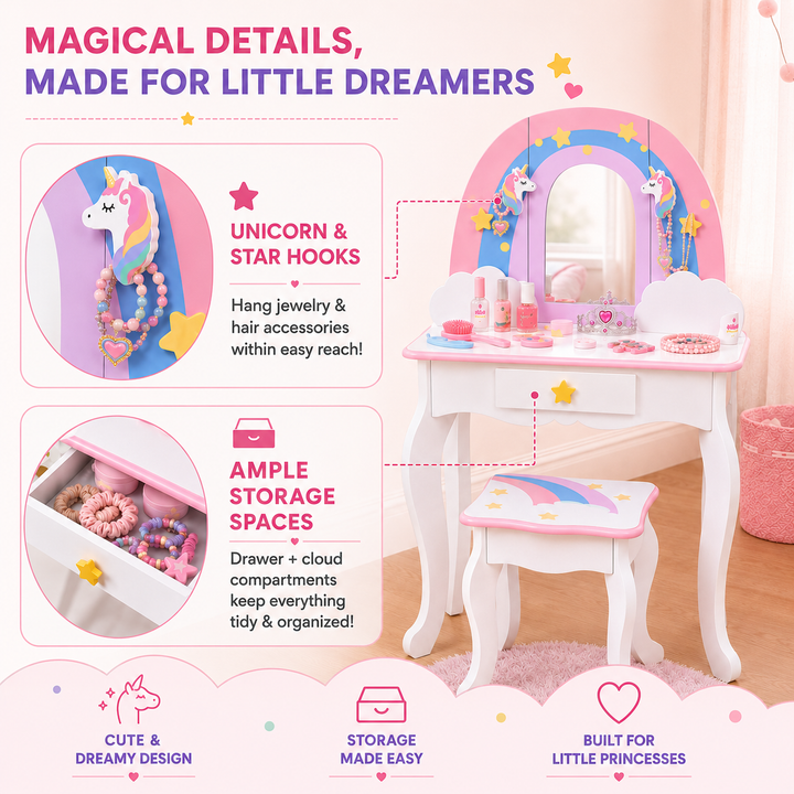 Teamson Kids Little Dreamer Rainbow Unicorn Wooden Play Vanity Set with Acrylic Mirror, Jewelry Pegs, Three Storage Spaces, Matching Stool, Rounded Corners, Non-Toxic Paint and Pastel Finish, Ages 3+