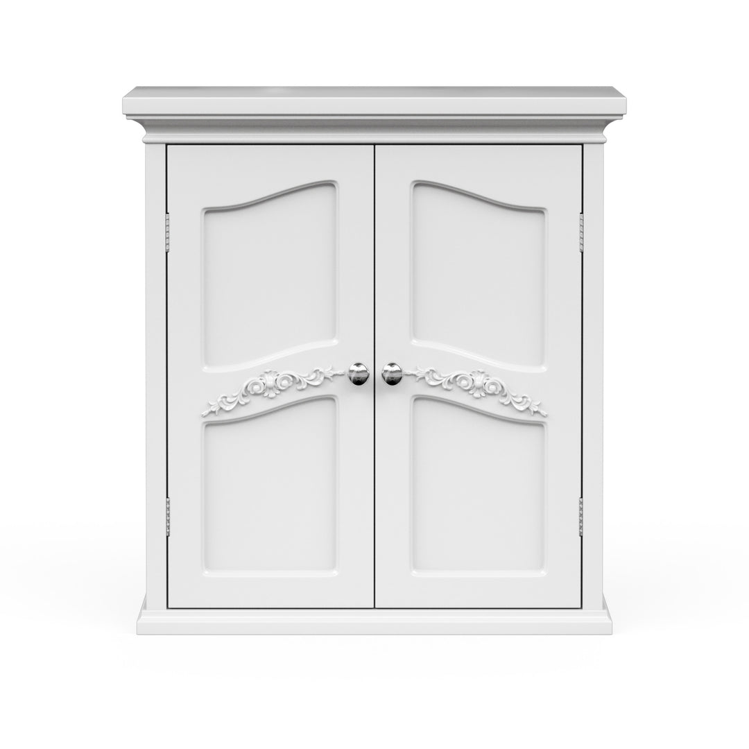 A two-door wall cabinet with decorative scrollwork on the doors
