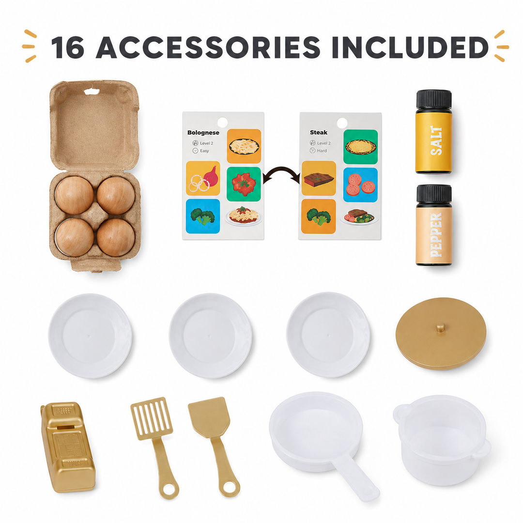 Teamson Kids Wooden Play Kitchen Set with 16 Accessories, Extendable Faucet, White and Gold Compact Wooden Play Kitchen, Oven, Sink, Clicking Knobs, Shelves and Storage Little Chef Memphis