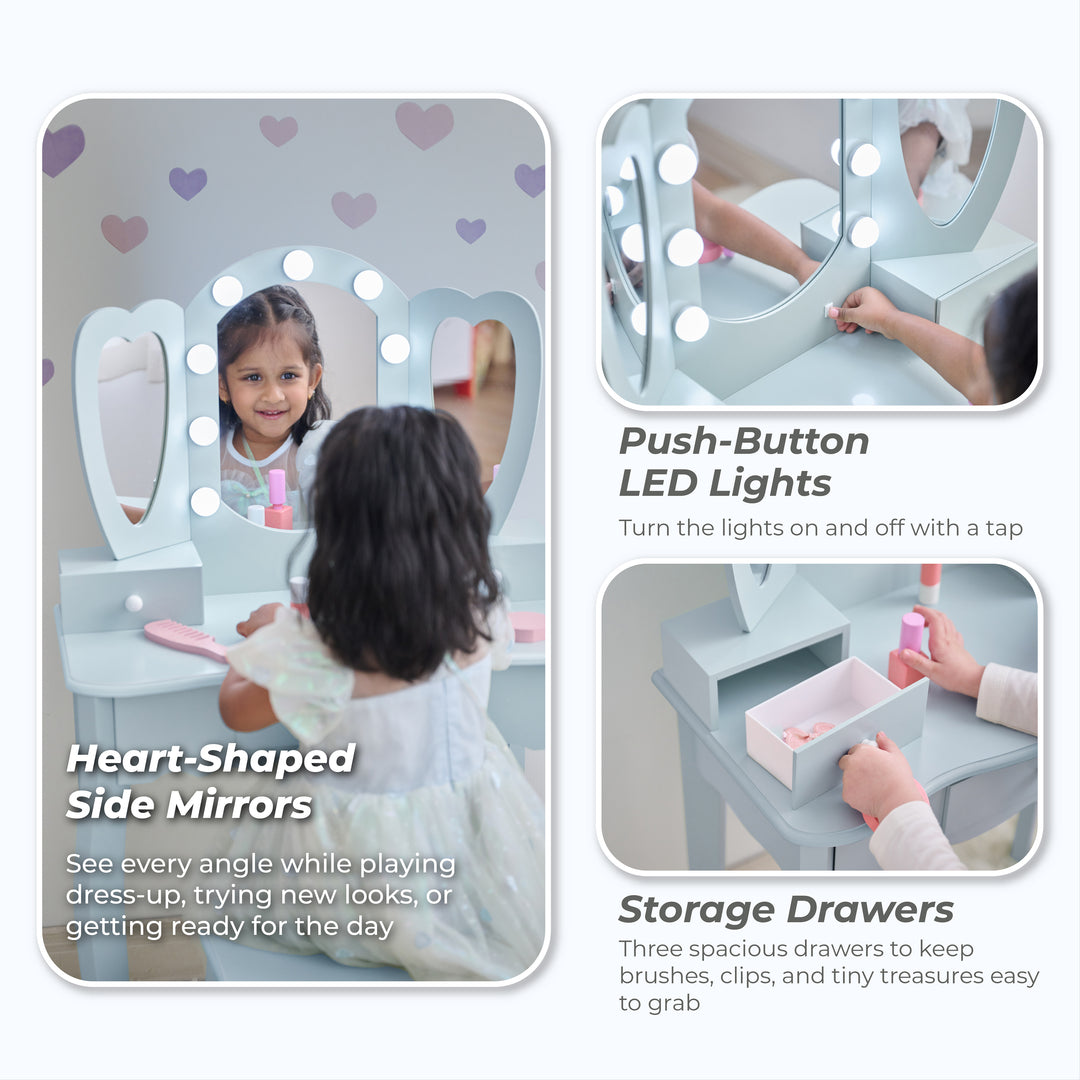 Kids Vanity with LED Lights, Blue - Heart Glow Play Vanity Set by Teamson Kids