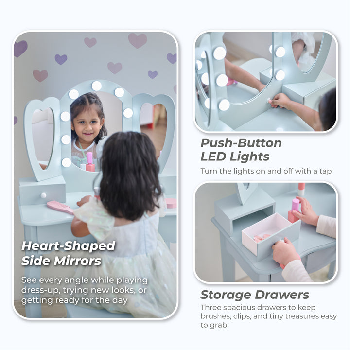 Kids Vanity with LED Lights, Blue - Heart Glow Play Vanity Set by Teamson Kids