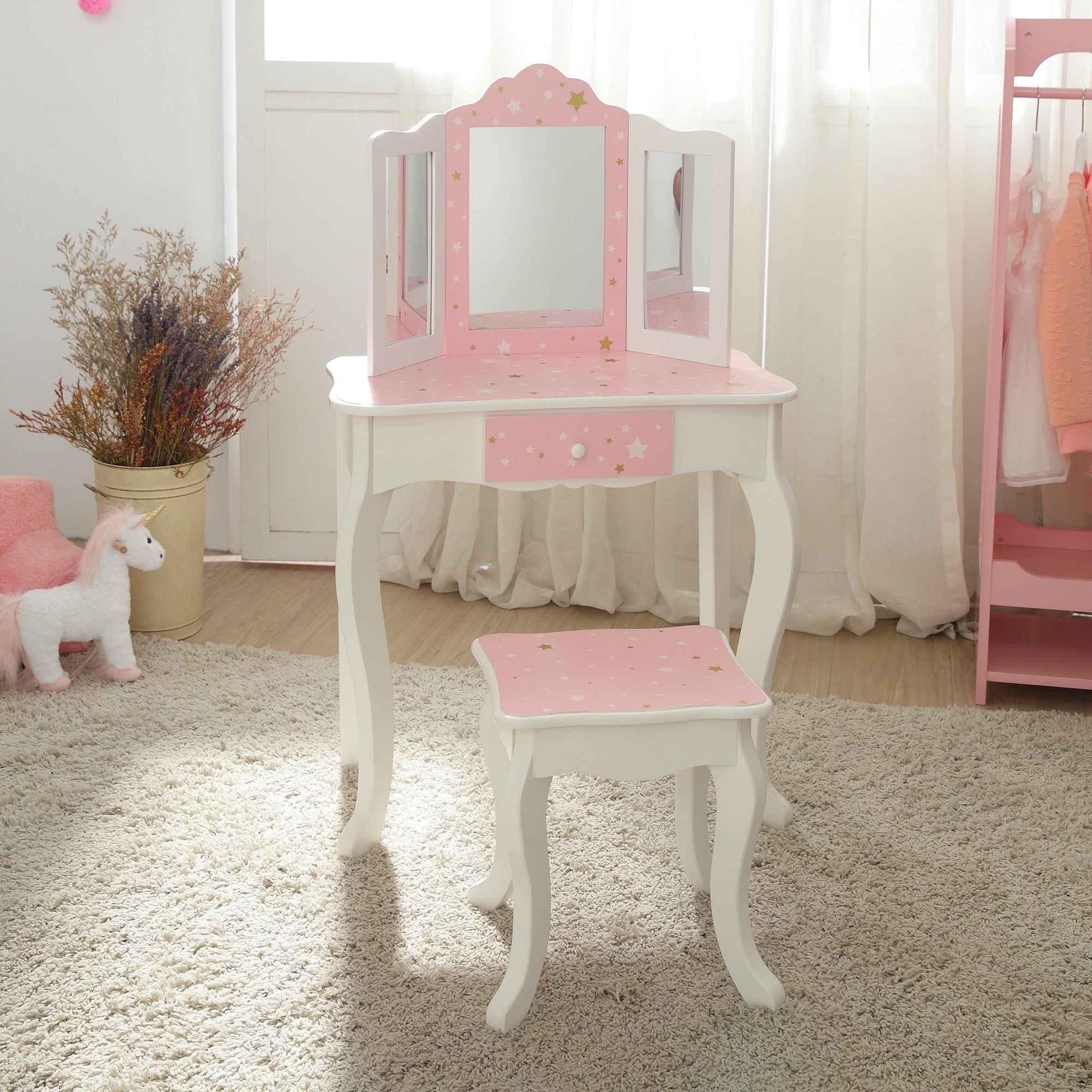 Child Vanity | Kids Vanity with | Vanity Teamson Pink Set Set White Girls | Fantasy Mirror – Fields