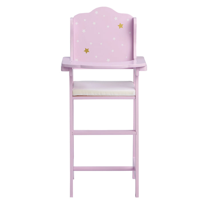 Front view of purple high chair with white and gold stars and a white cushion.