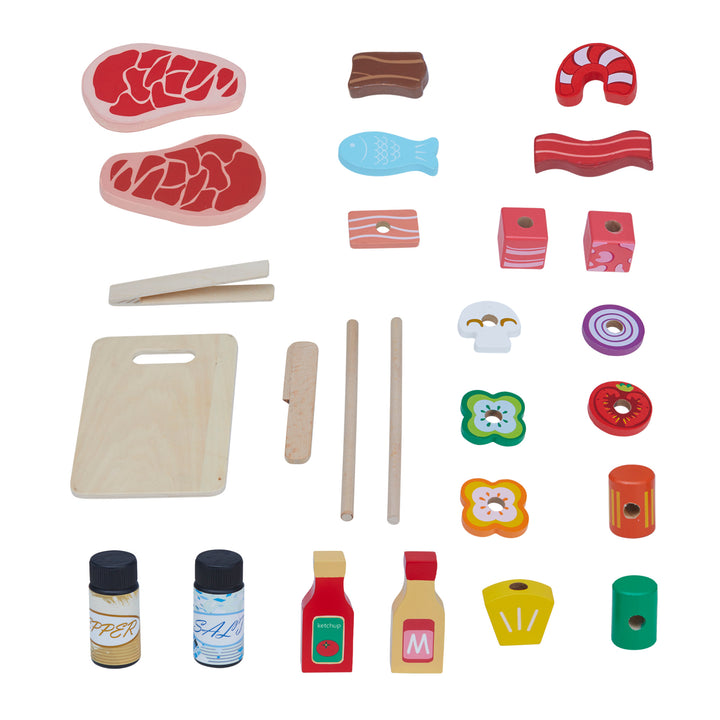 Pretend wooden food and condiments for a play BBQ grill