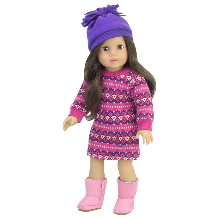 Sophia’s Mix & Match Fair Isle Pattern Knit Long-Sleeved Sweater Dress & Winter Pom-Pom Hat for 18” Dolls, Hot Pink/Purple