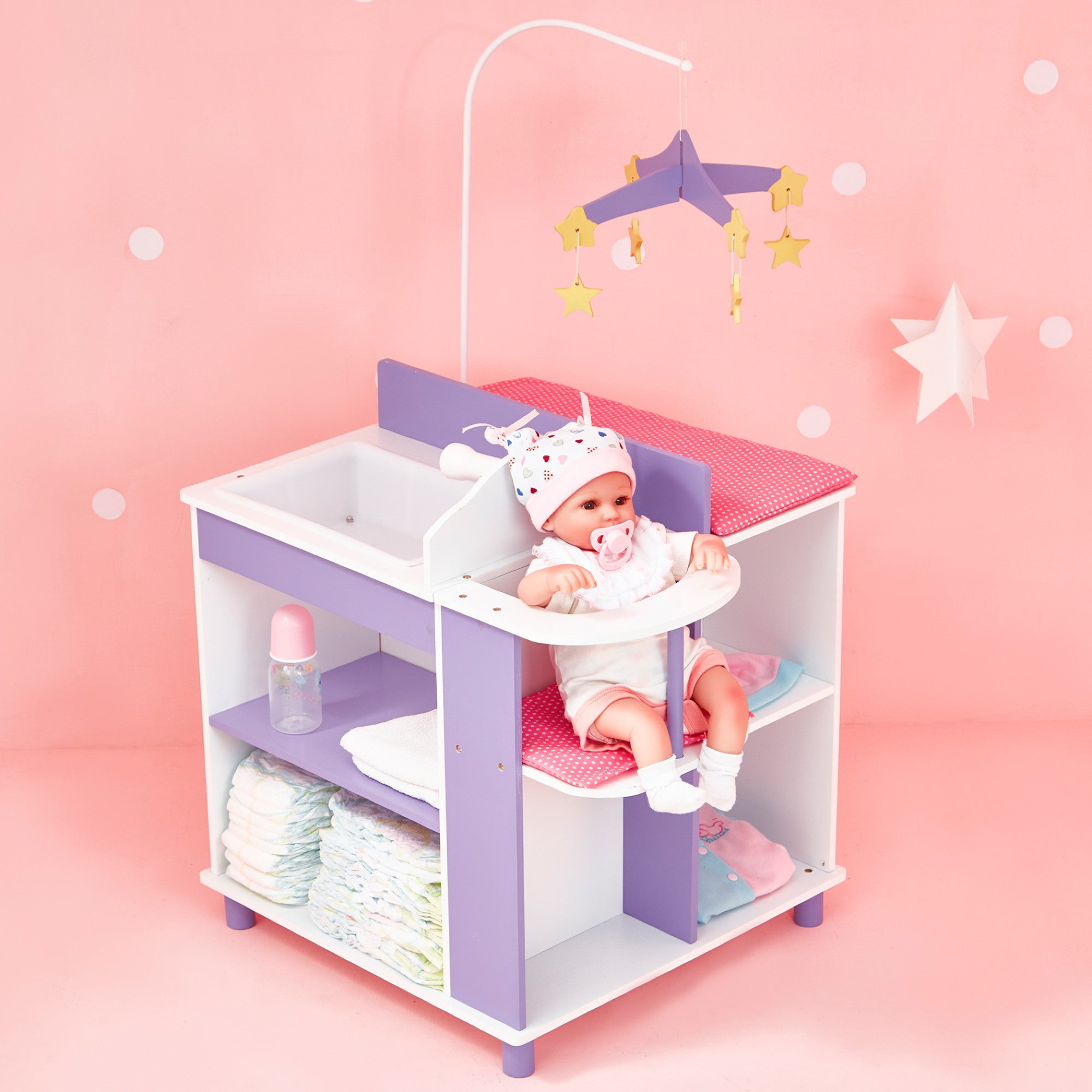Baby Doll Changing Table for 18” Dolls & Stuffed Animals- Wooden Diaper  Station, Changing Pad, Storage Basket by Hey! Play! 