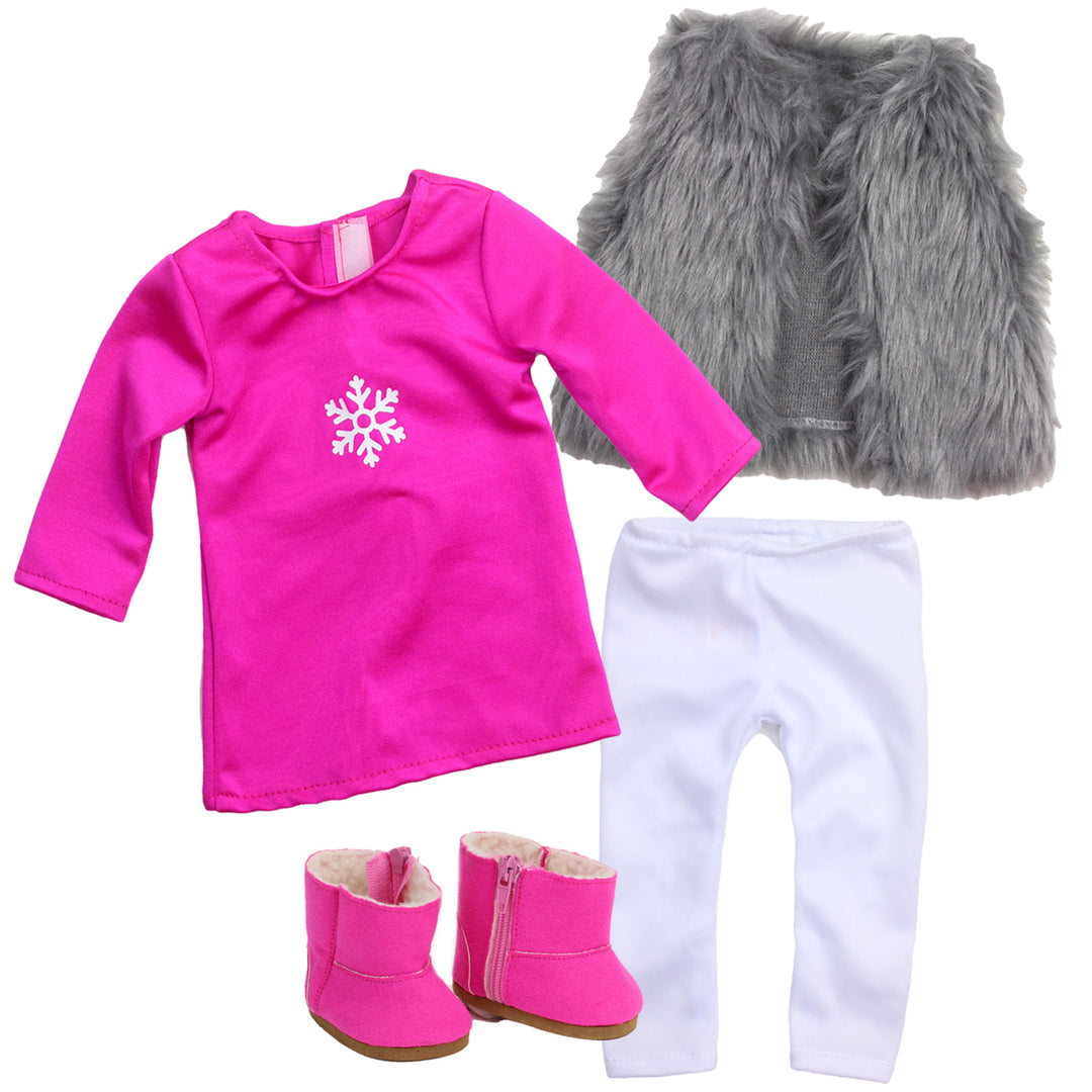  Sophia's Winter Outfit 4 Piece Set with Knit Print Sweater,  Black Leggings, White Quilted Vest, and Blue and Black Print Winter Boots  for 18 Dolls, Blue : Toys & Games