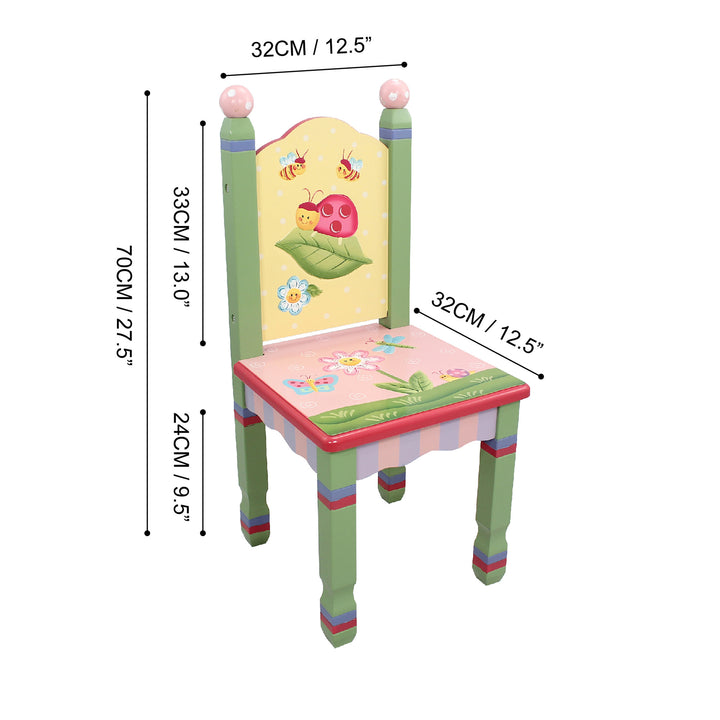 Dimensional graphic in inches and centimeters for a child's chair