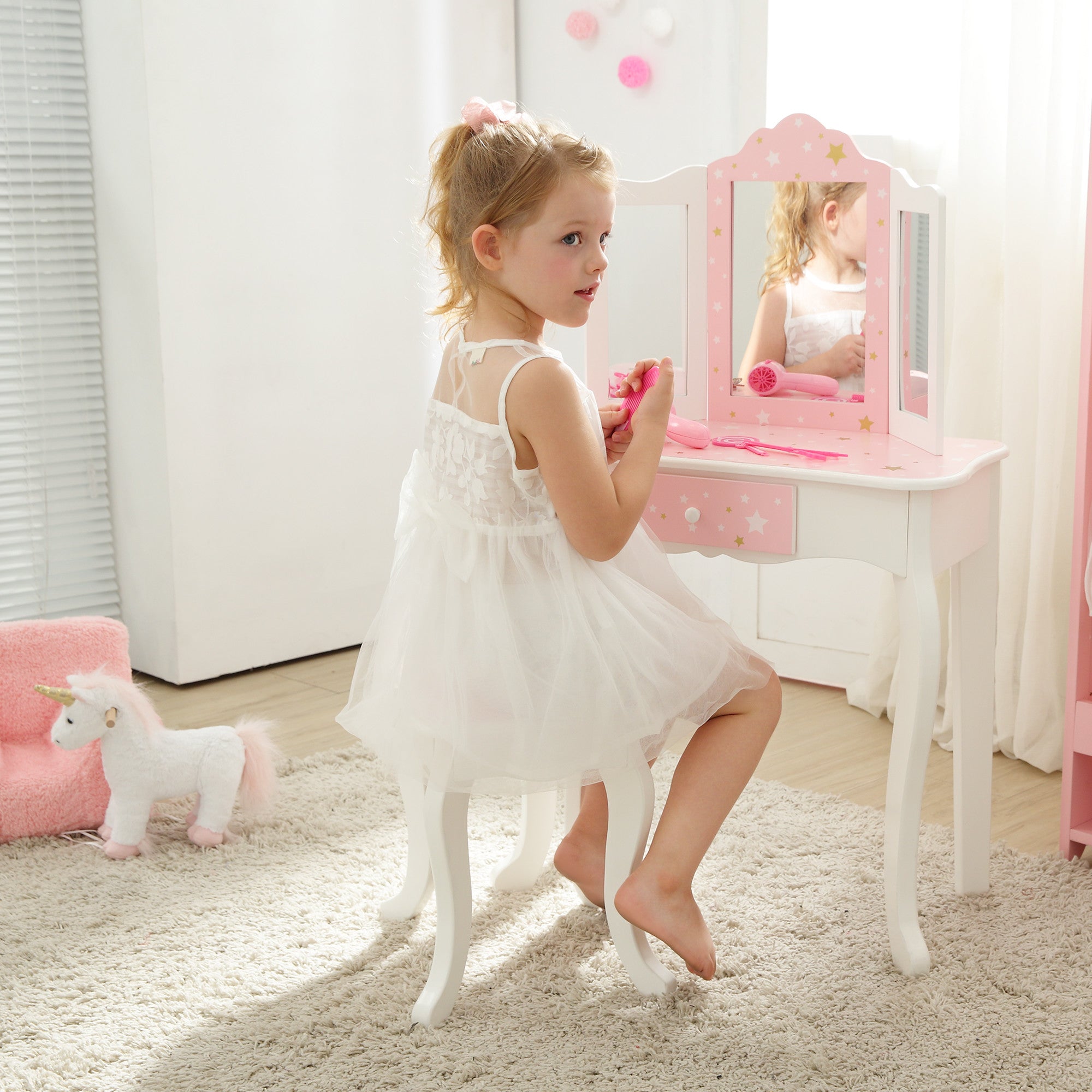 Child Vanity | Set – Kids Fantasy Pink Teamson with Vanity | Mirror Set | White Fields Vanity Girls
