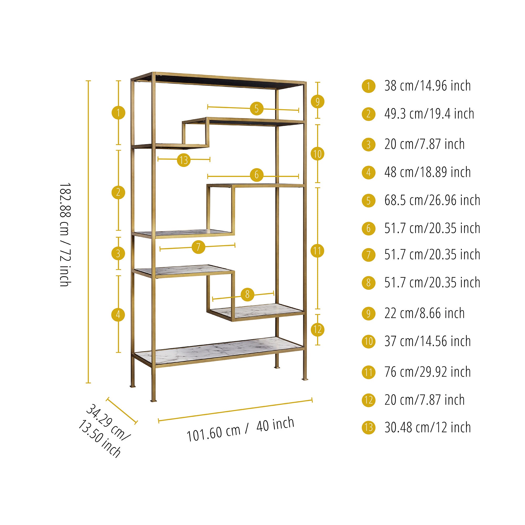 72 Marmo Large 5 Tier Display Shelf Faux Marble/Brass - Teamson Home