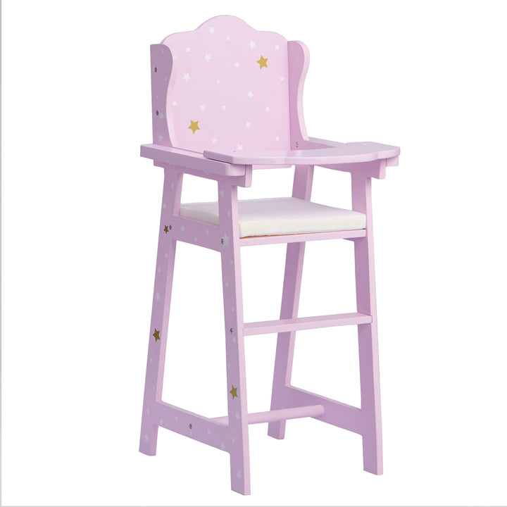 A doll's highchair purple with white and gold stars.