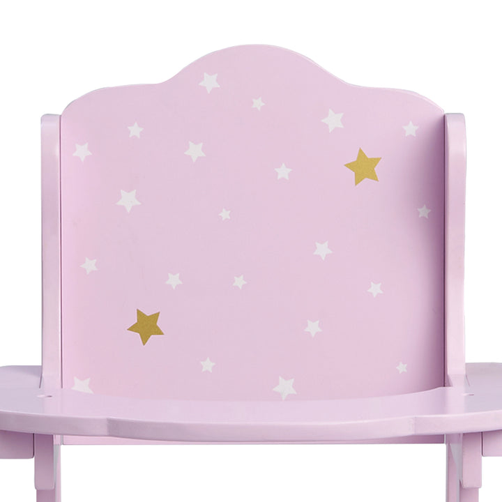 Close-up of the back of the high chair, purple with white and gold stars.