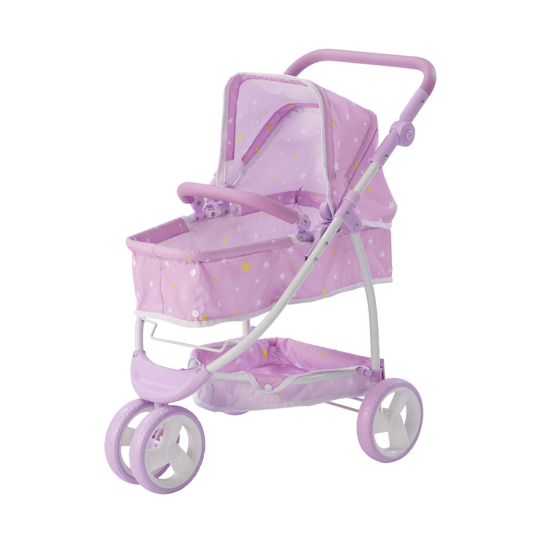 Purple stroller in bassinet position with canopy up