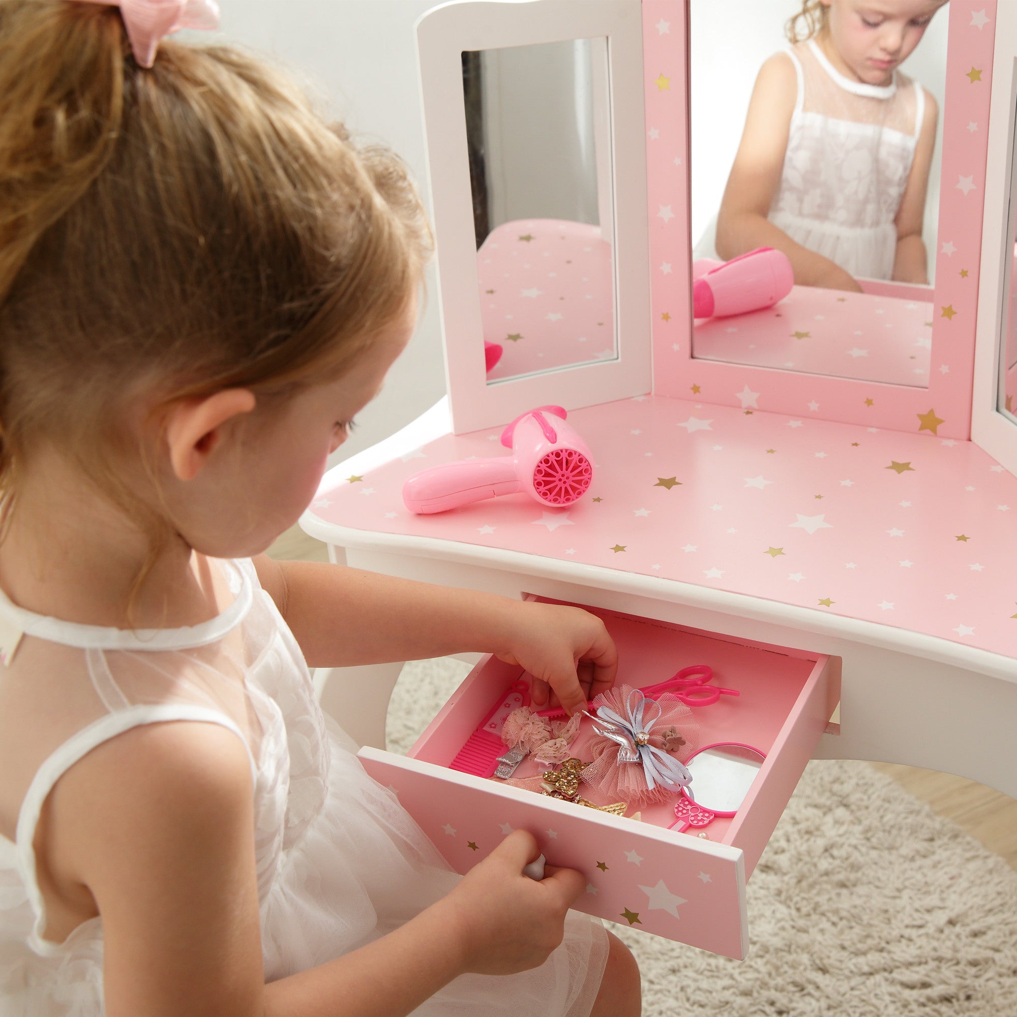 Child Vanity | Kids Vanity Teamson Girls Set White Fantasy Vanity Pink Fields Set | Mirror – | with