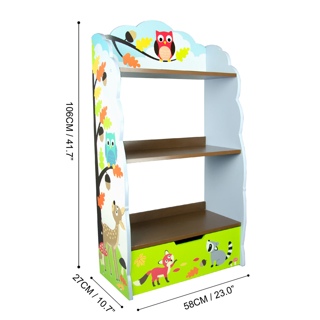 Dimensional graphic of a child's bookshelf in inches and centimeters